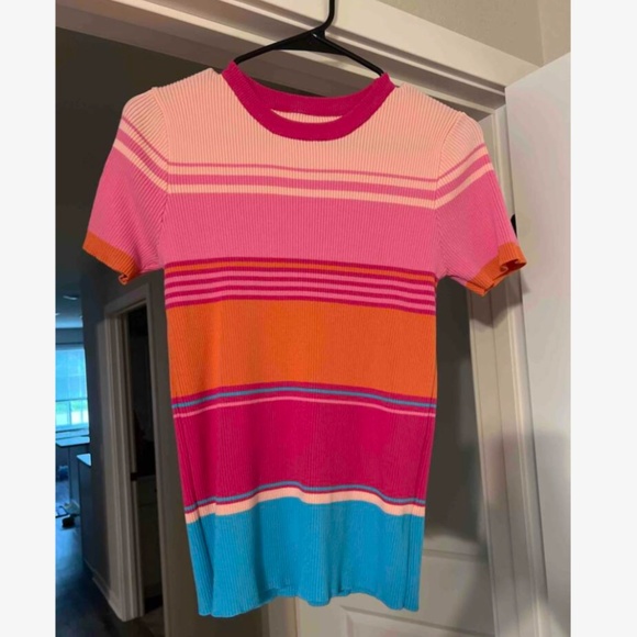 Knit Striped Pink Blue Orange Short Sleeve Crew Neck Tee Shirt Top - Picture 11 of 12